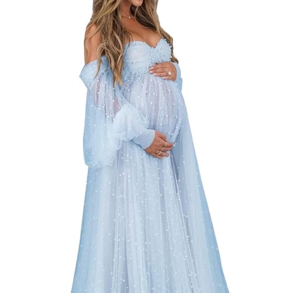 Maternity Photos Light Blue Strapless Dress with Pearl Embellishments Corset tie - Picture 4 of 8